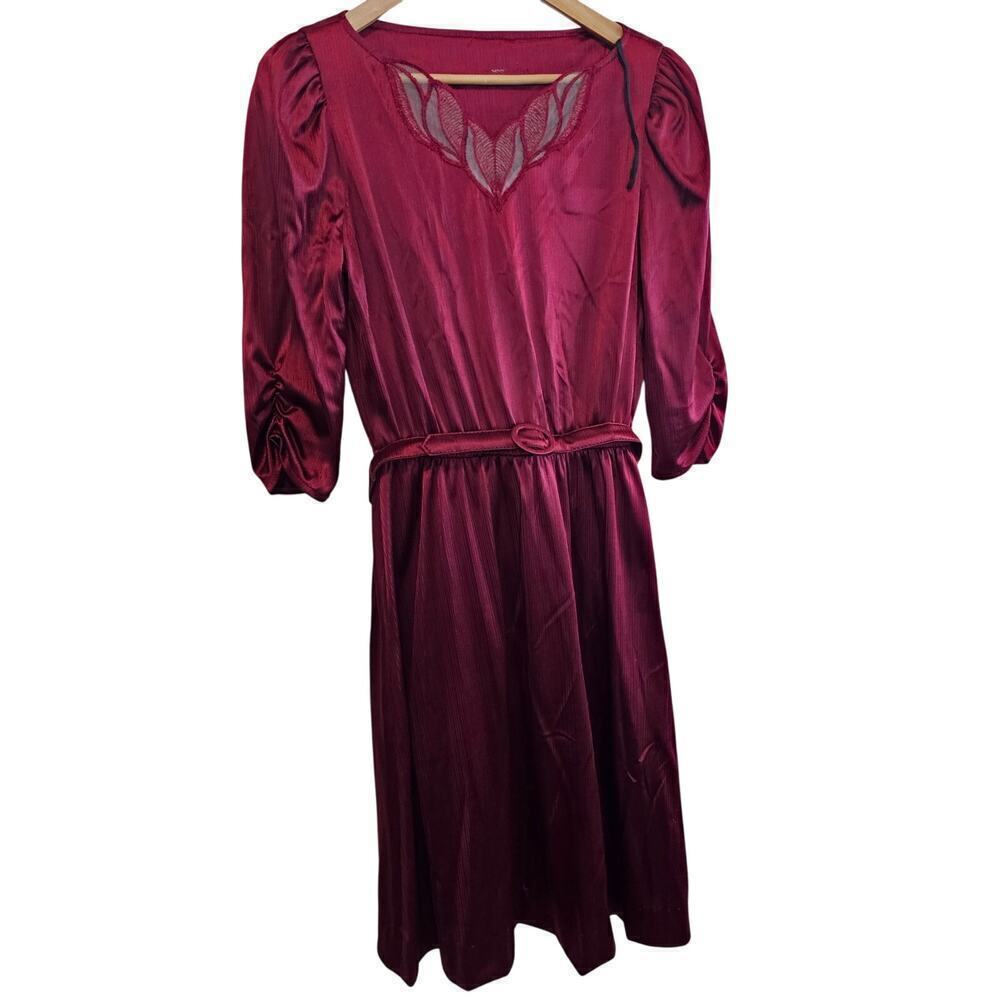 Vintage 80s Dress Womens Large Burgundy Silky Lace Glam Rock Party Retro